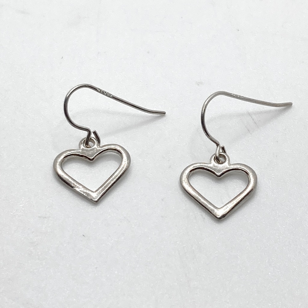 Vtg Sterling Silver Heart Outline Shepherds Hook Earrings 925 ZZ / .9” Length